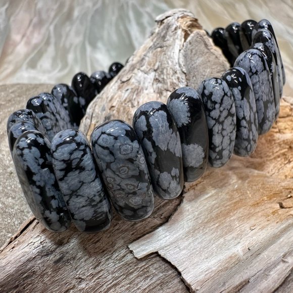 Snoflake Obsidian and Crazy Lace Genuine Gemstone Stretch Bracelets - Picture 1 of 4